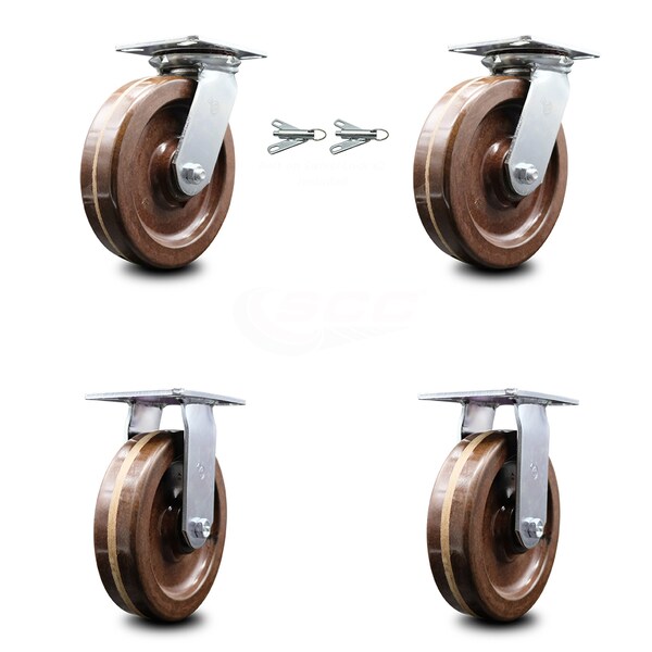 8 Inch High Temp Phenolic Caster Set with Roller Bearing 2 Swivel Lock 2 Rigid